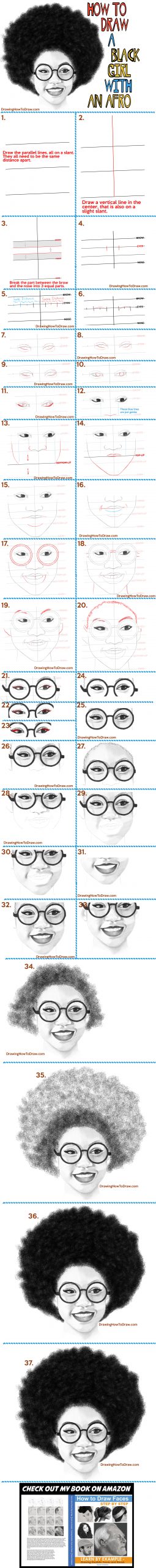how to draw a black girl's face with glasses and an afro and a beautiful smile