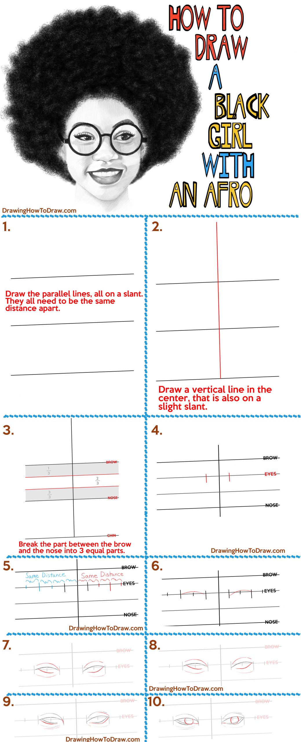 How to Draw a Black Female with an Afro + Glasses Simple Steps Drawing Lesson Beginners