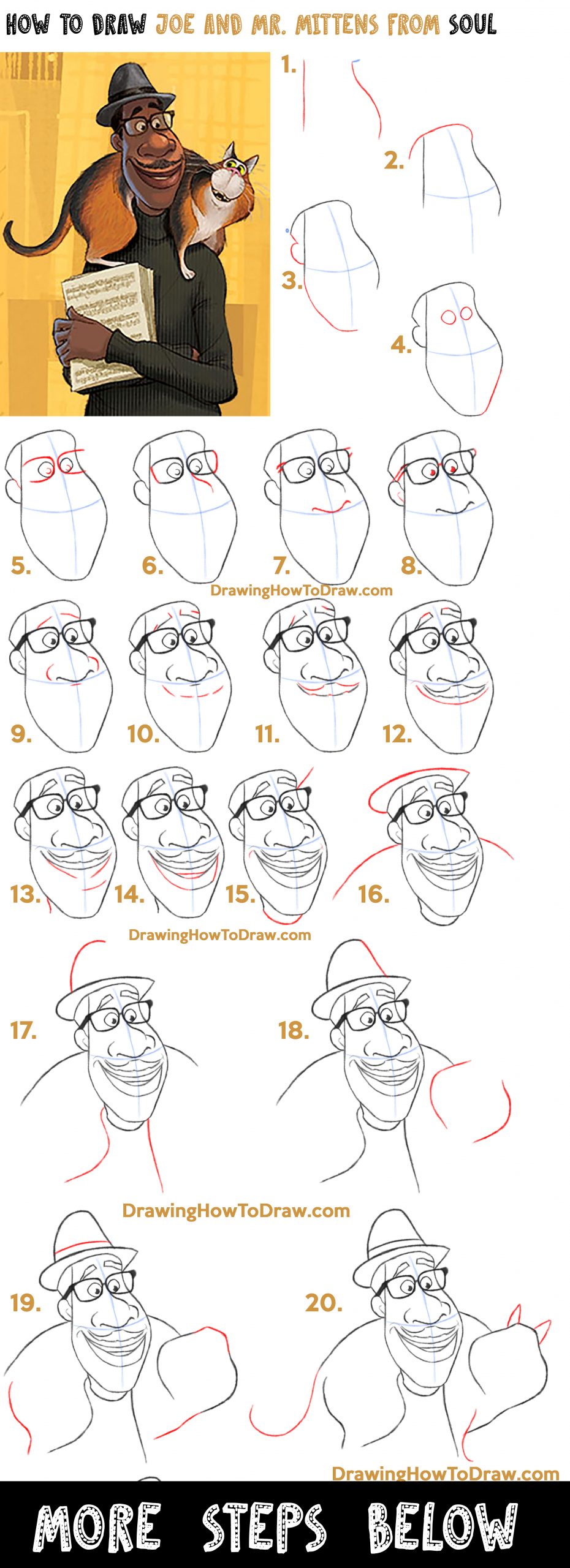 Learn How to Draw Joe Gardner and Mr. Mittens the Cat from Pixar's Soul Easy Step by Step Drawing Tutorial