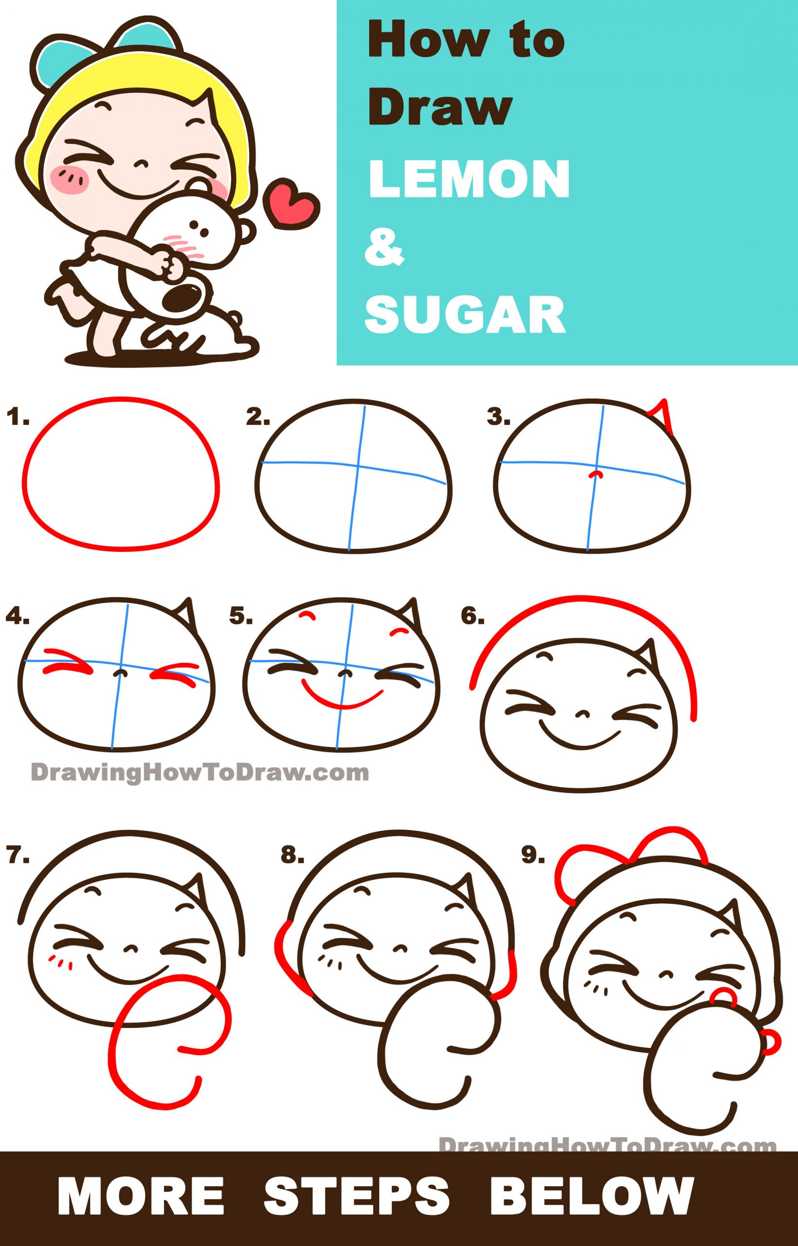 How to Draw Lemon & Sugar Cute little cartoon girl hugging dog step by step drawing tutorial