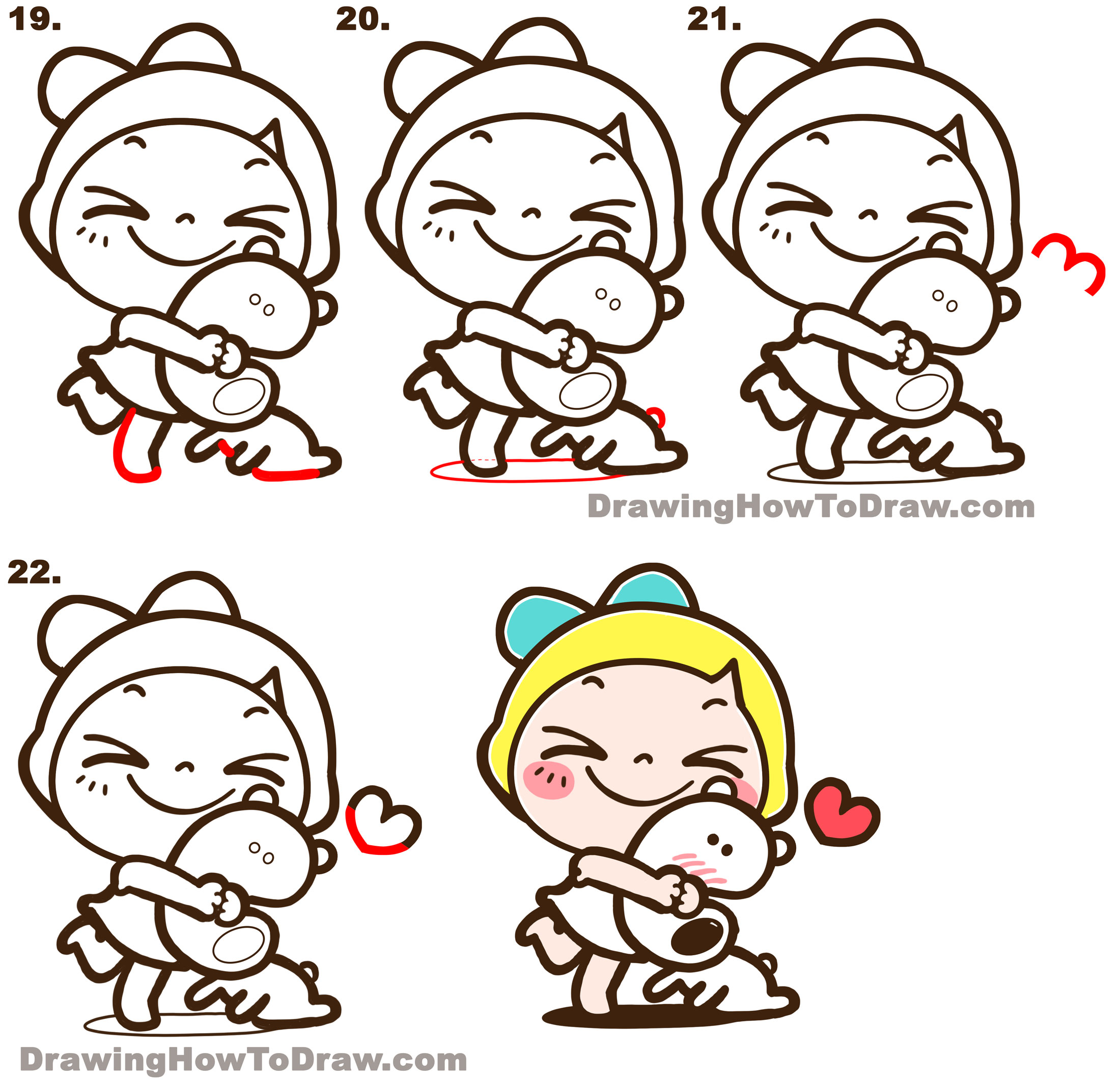 How to Draw Lemon & Sugar Cute little cartoon girl hugging dog step by step drawing tutorial