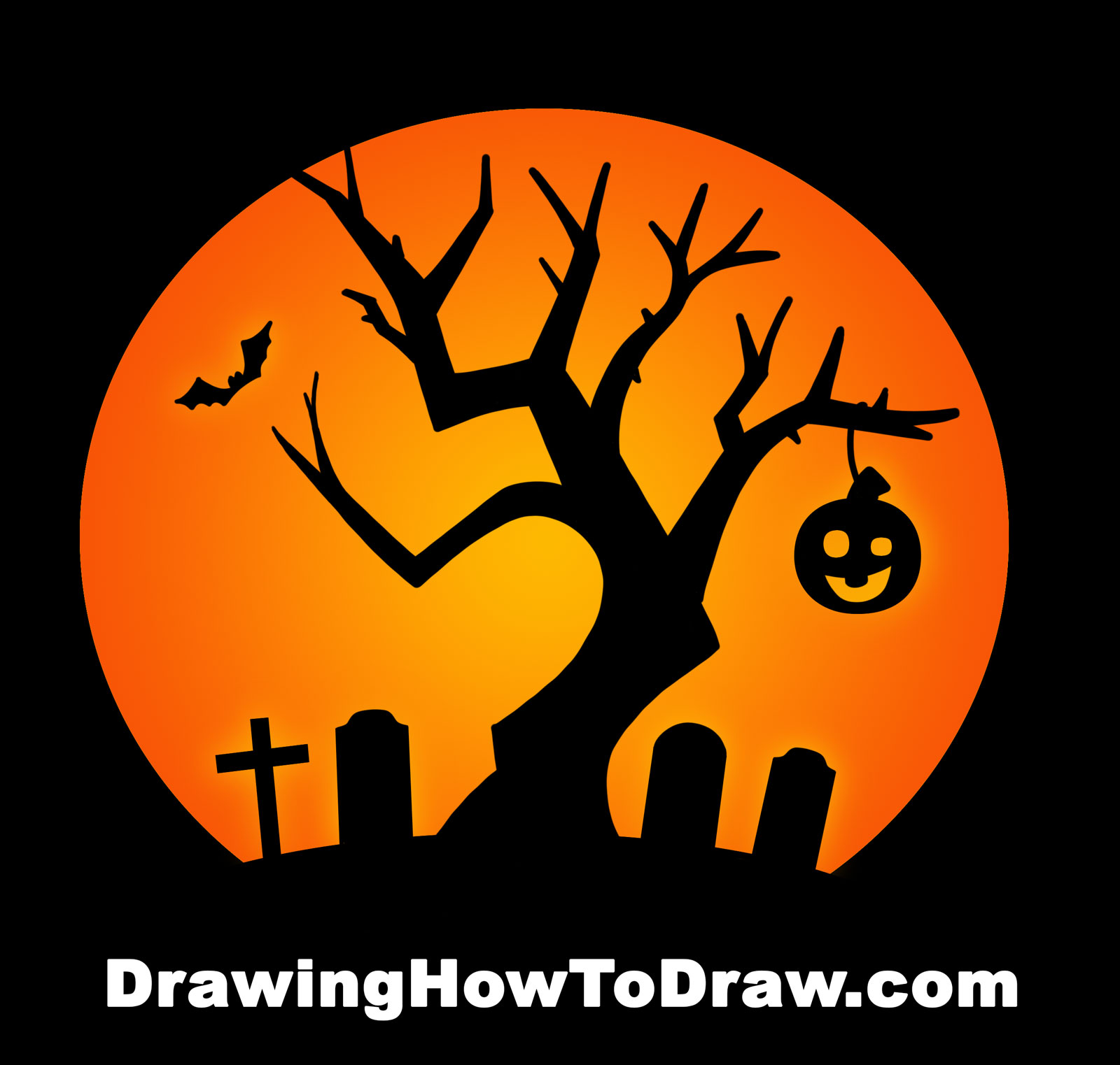 How to Draw a Halloween Graveyard Scene with a Silhouette of a Tree, a Bat, Graves, and a Jack-O-Lantern Step by Step Drawing Tutorial for Kids