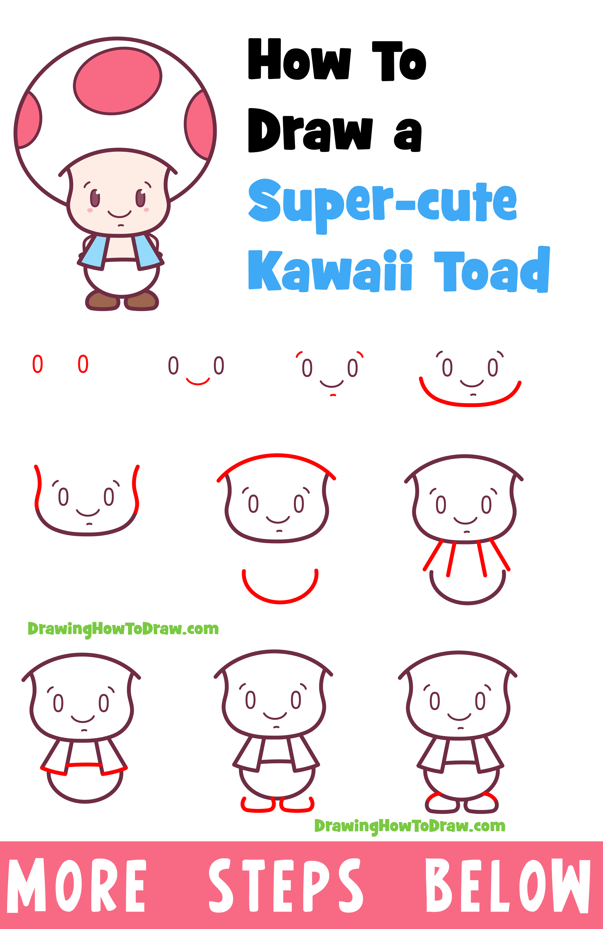 Learn How to Draw Toad from Super Mario Bros (Cute / Kawaii / Chibi Style) Easy Step-by-Step Drawing Tutorial for Kids