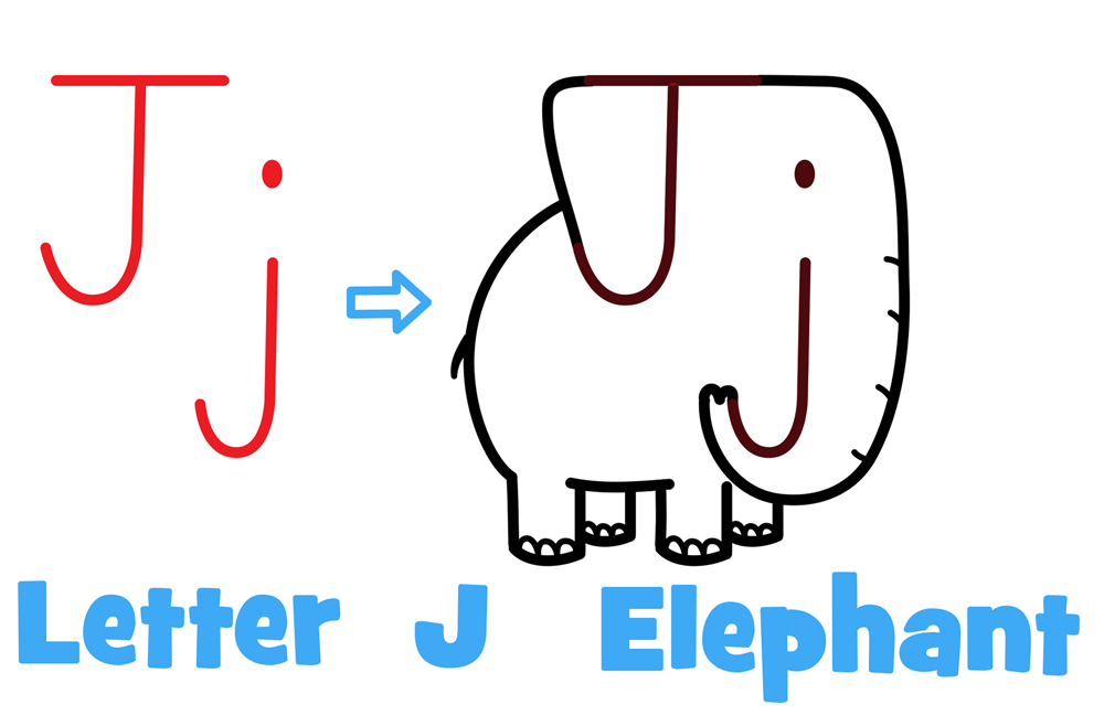 How to Draw a Cartoon Elephant with Letter J Shapes - Easy Step-by-Step Drawing Tutorial for Kids