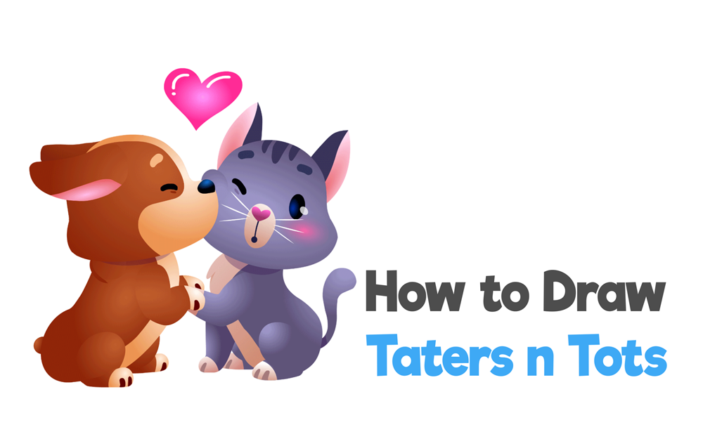 How to Draw a Cute Kawaii Chibi Dog & Cat Kissing (Taters N Tots) Easy Step-by-Step Drawing Tutorial for Kids