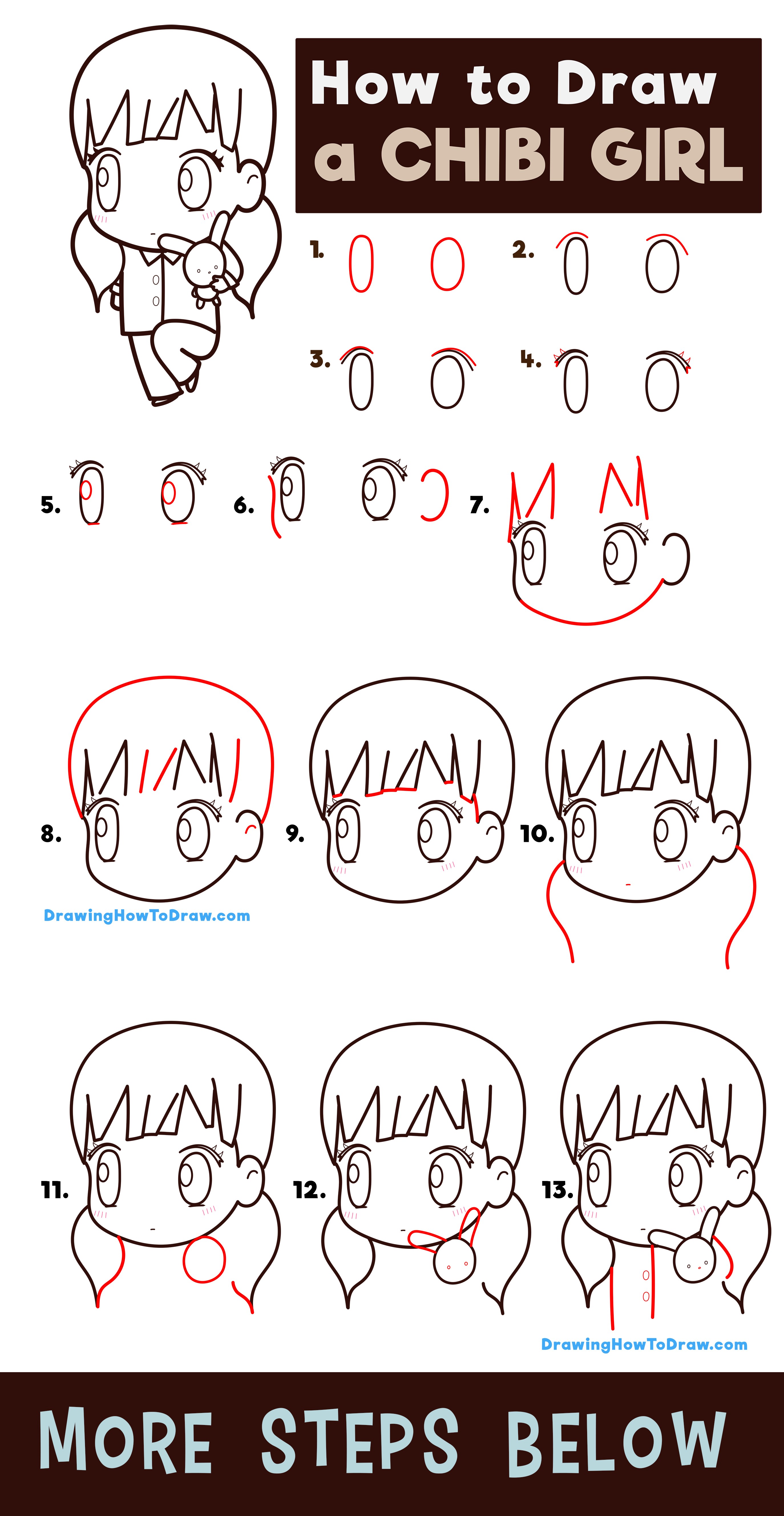 How to Draw a Cute Chibi Anime Girl Holding a Stuffed Bunny Easy Step by Step Drawing Tutorial for Kids